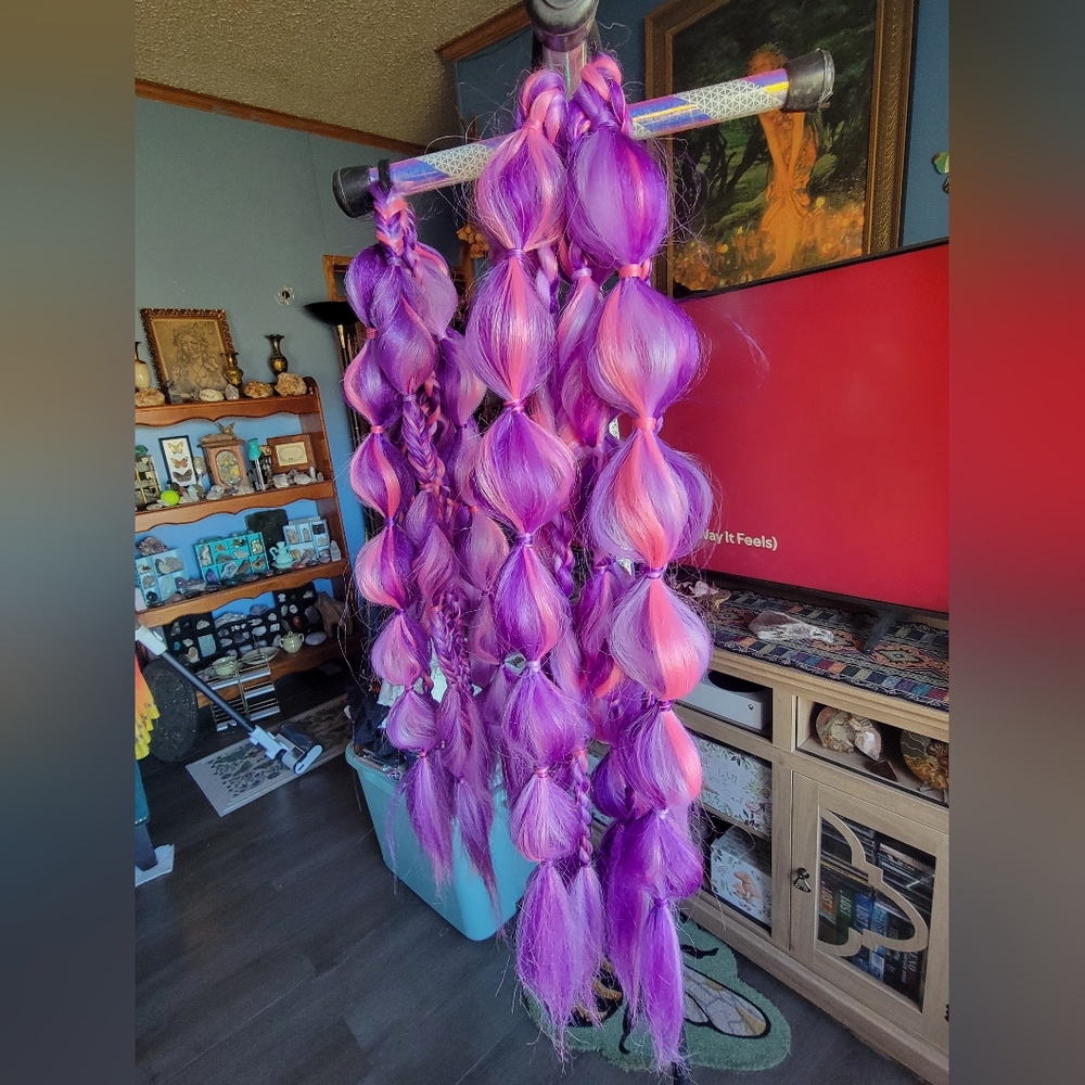Full Vibrant Purple And Pink Rave Bubble Ponytail Braids Set Of 2 - Picture 2 of 9